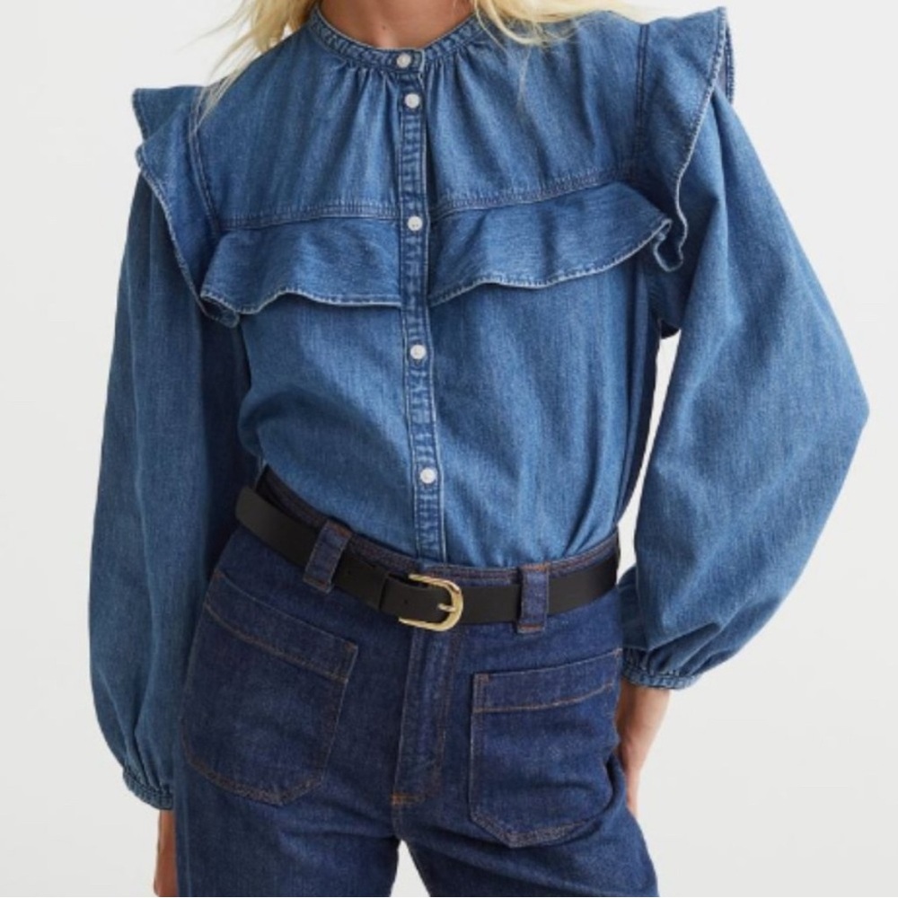 H&M Denim Ruffle Button Down Blouse Size Small